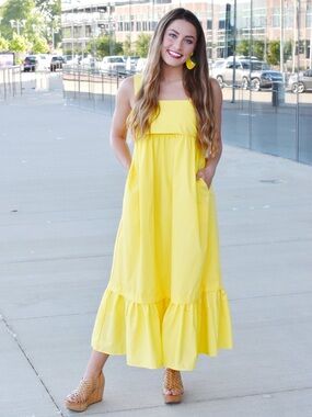 Entro Square Neck Bow Back Detail Midi Dress Lemon Yellow Size M